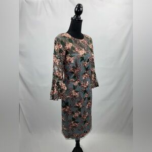 Lace Dress Floral Embroidery Trumpet-Sleeve Sheath Cocktail David Meister Size 4